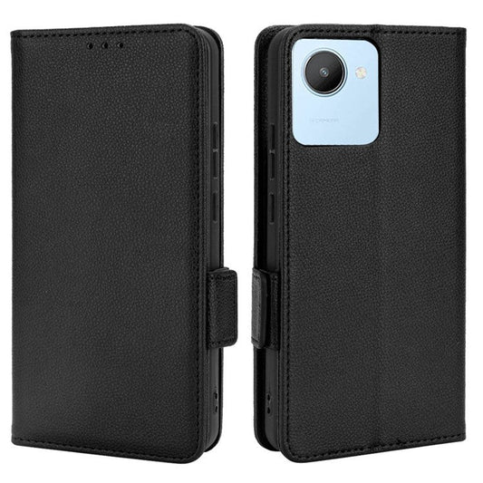 Litchi Texture PU Leather Case for Realme C30 4G, Side Magnetic Clasp Wallet Stand Protective Phone Cover - Black