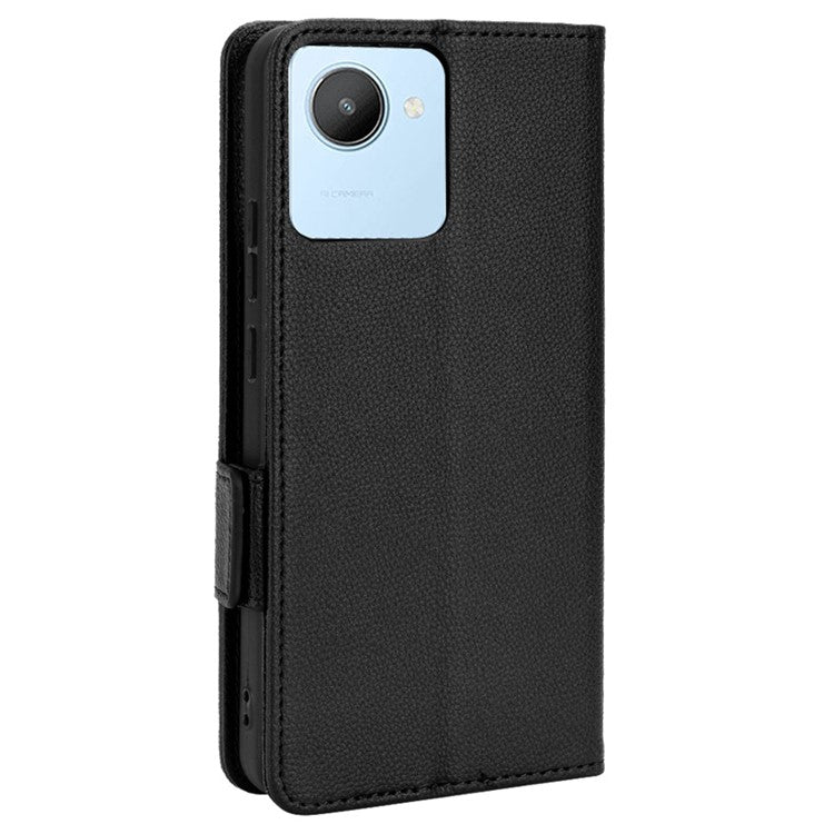 Litchi Texture PU Leather Case for Realme C30 4G, Side Magnetic Clasp Wallet Stand Protective Phone Cover - Black