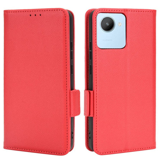 Litchi Texture PU Leather Case for Realme C30 4G, Side Magnetic Clasp Wallet Stand Protective Phone Cover - Red