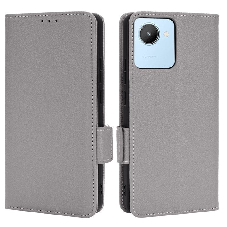Litchi Texture PU Leather Case for Realme C30 4G, Side Magnetic Clasp Wallet Stand Protective Phone Cover - Grey