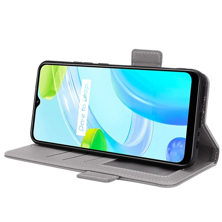 Litchi Texture PU Leather Case for Realme C30 4G, Side Magnetic Clasp Wallet Stand Protective Phone Cover - Grey