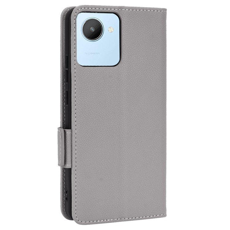 Litchi Texture PU Leather Case for Realme C30 4G, Side Magnetic Clasp Wallet Stand Protective Phone Cover - Grey