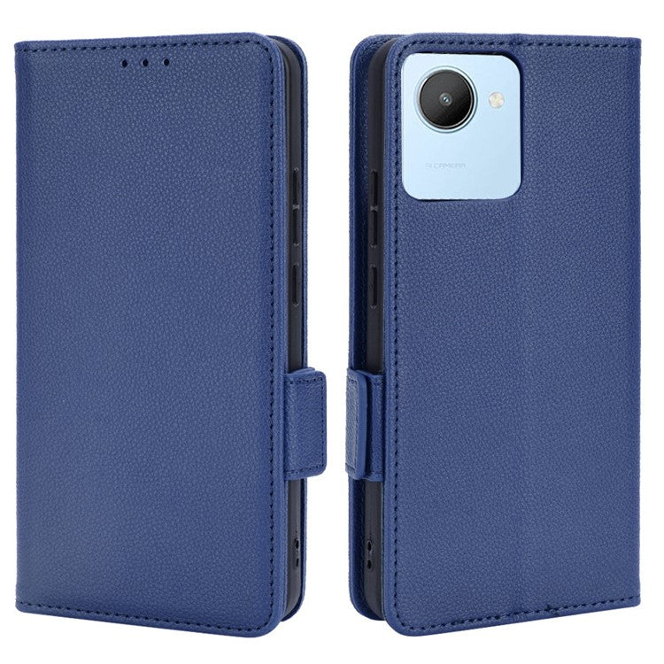 Litchi Texture PU Leather Case for Realme C30 4G, Side Magnetic Clasp Wallet Stand Protective Phone Cover - Dark Blue