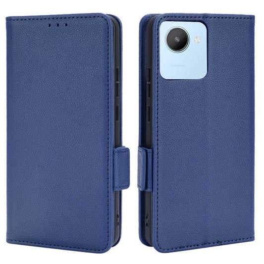 Litchi Texture PU Leather Case for Realme C30 4G, Side Magnetic Clasp Wallet Stand Protective Phone Cover - Dark Blue