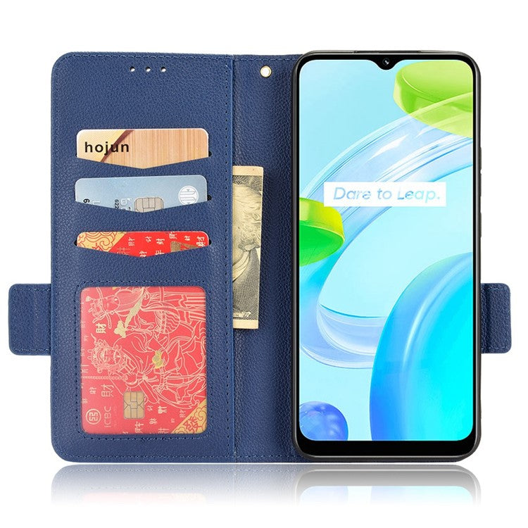 Litchi Texture PU Leather Case for Realme C30 4G, Side Magnetic Clasp Wallet Stand Protective Phone Cover - Dark Blue