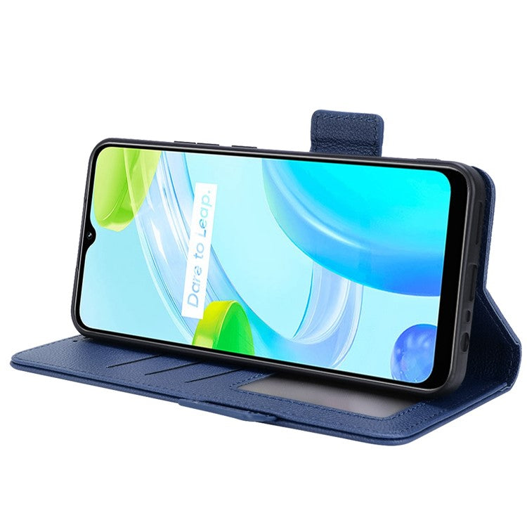 Litchi Texture PU Leather Case for Realme C30 4G, Side Magnetic Clasp Wallet Stand Protective Phone Cover - Dark Blue