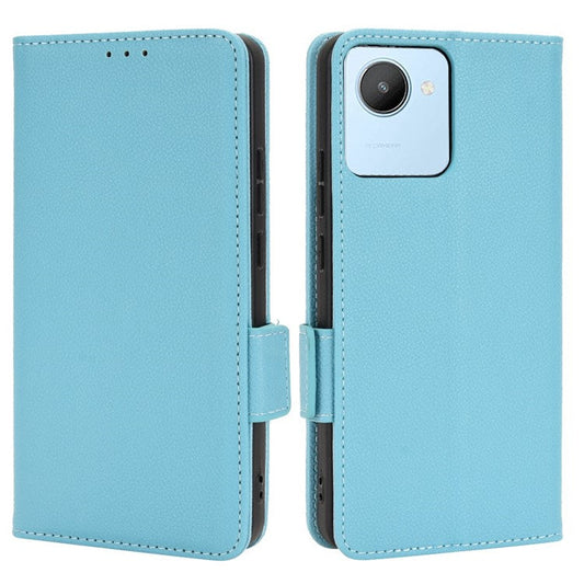 Litchi Texture PU Leather Case for Realme C30 4G, Side Magnetic Clasp Wallet Stand Protective Phone Cover - Baby Blue