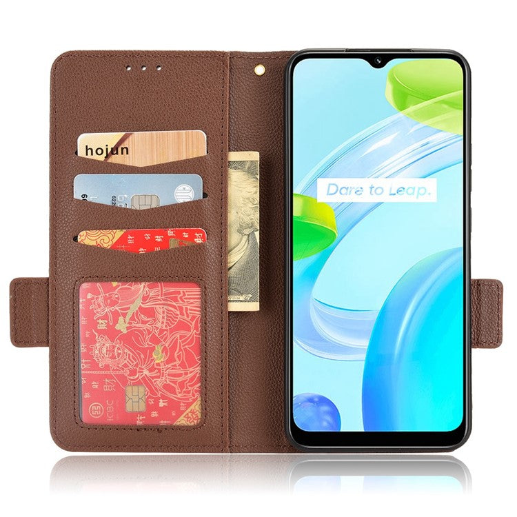 Litchi Texture PU Leather Case for Realme C30 4G, Side Magnetic Clasp Wallet Stand Protective Phone Cover - Brown