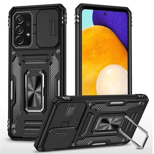 For Samsung Galaxy A52 4G / 5G  /  A52s 5G Anti-scratch Phone Case Slide Camera Cover PC + TPU Ring Kickstand Cell Phone Shell - Black