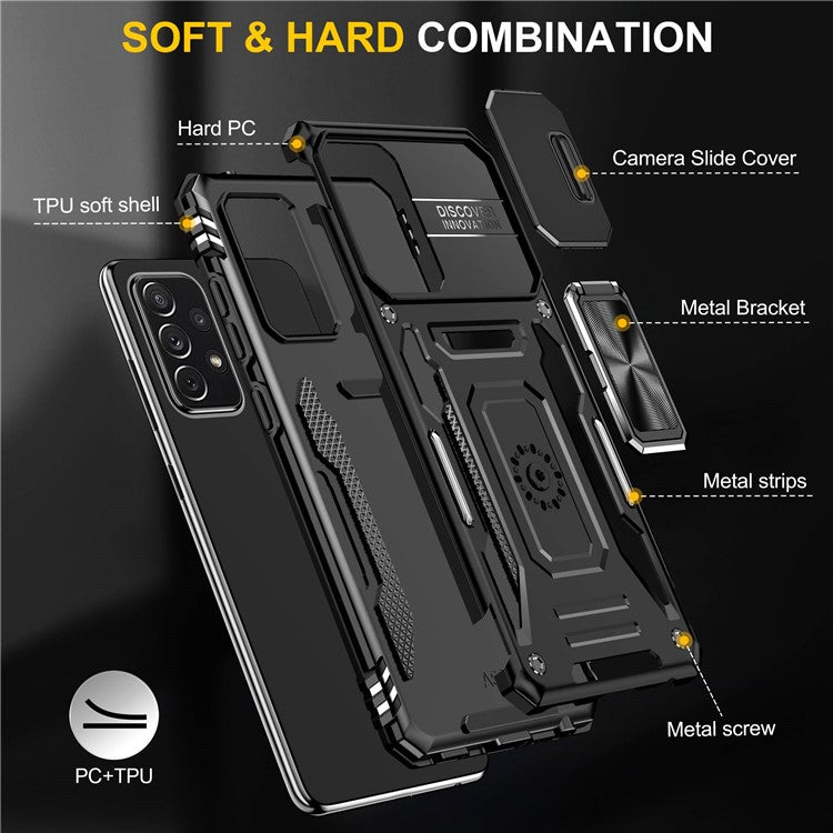 For Samsung Galaxy A52 4G / 5G  /  A52s 5G Anti-scratch Phone Case Slide Camera Cover PC + TPU Ring Kickstand Cell Phone Shell - Black