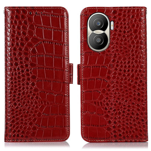 For Honor X40i 5G Anti-scratch Crocodile Texture Phone Case Genuine Cowhide Leather Wallet Stand RFID Blocking Folio Magnetic Closure Phone Cover - Red