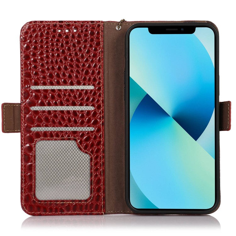 For Honor X40i 5G Anti-scratch Crocodile Texture Phone Case Genuine Cowhide Leather Wallet Stand RFID Blocking Folio Magnetic Closure Phone Cover - Red