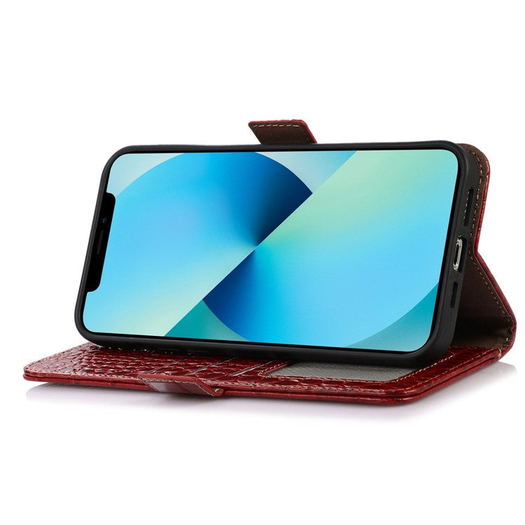 For Honor X40i 5G Anti-scratch Crocodile Texture Phone Case Genuine Cowhide Leather Wallet Stand RFID Blocking Folio Magnetic Closure Phone Cover - Red