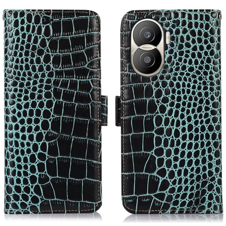 For Honor X40i 5G Anti-scratch Crocodile Texture Phone Case Genuine Cowhide Leather Wallet Stand RFID Blocking Folio Magnetic Closure Phone Cover - Green