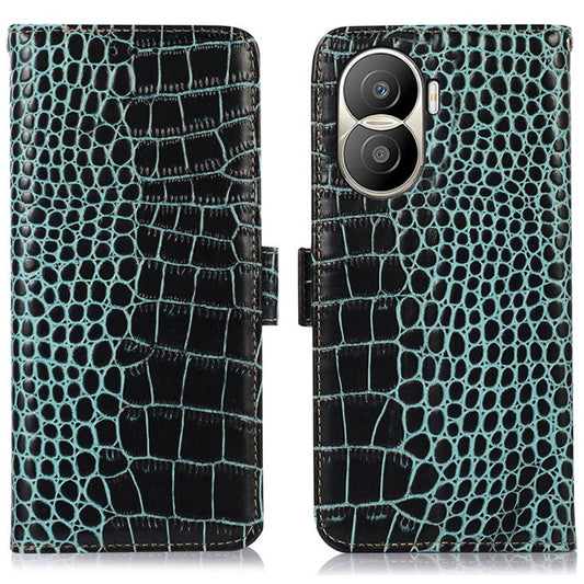 For Honor X40i 5G Anti-scratch Crocodile Texture Phone Case Genuine Cowhide Leather Wallet Stand RFID Blocking Folio Magnetic Closure Phone Cover - Green