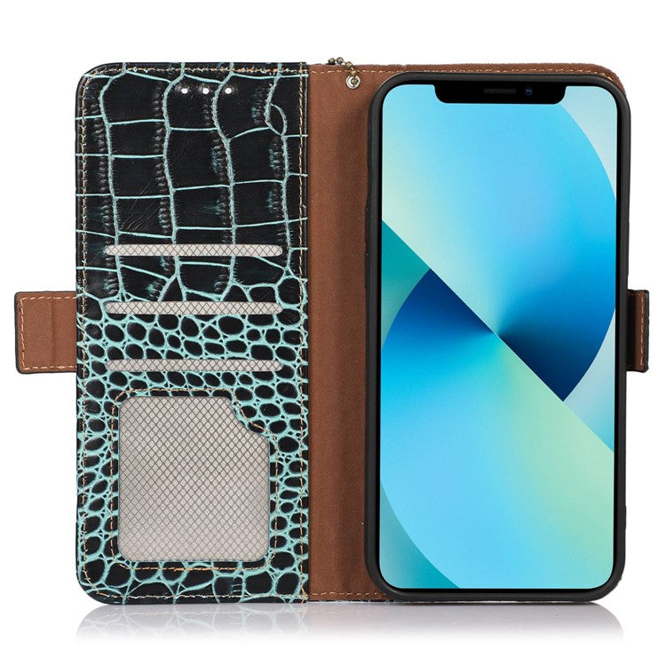 For Honor X40i 5G Anti-scratch Crocodile Texture Phone Case Genuine Cowhide Leather Wallet Stand RFID Blocking Folio Magnetic Closure Phone Cover - Green