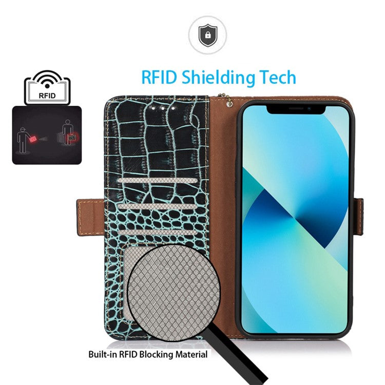 For Honor X40i 5G Anti-scratch Crocodile Texture Phone Case Genuine Cowhide Leather Wallet Stand RFID Blocking Folio Magnetic Closure Phone Cover - Green