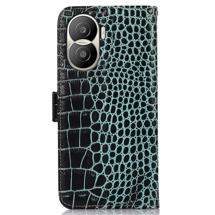 For Honor X40i 5G Anti-scratch Crocodile Texture Phone Case Genuine Cowhide Leather Wallet Stand RFID Blocking Folio Magnetic Closure Phone Cover - Green