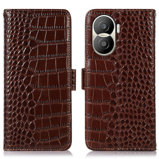 For Honor X40i 5G Anti-scratch Crocodile Texture Phone Case Genuine Cowhide Leather Wallet Stand RFID Blocking Folio Magnetic Closure Phone Cover - Brown