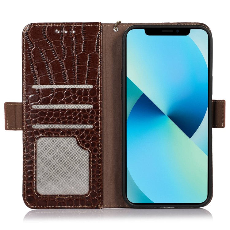 For Honor X40i 5G Anti-scratch Crocodile Texture Phone Case Genuine Cowhide Leather Wallet Stand RFID Blocking Folio Magnetic Closure Phone Cover - Brown