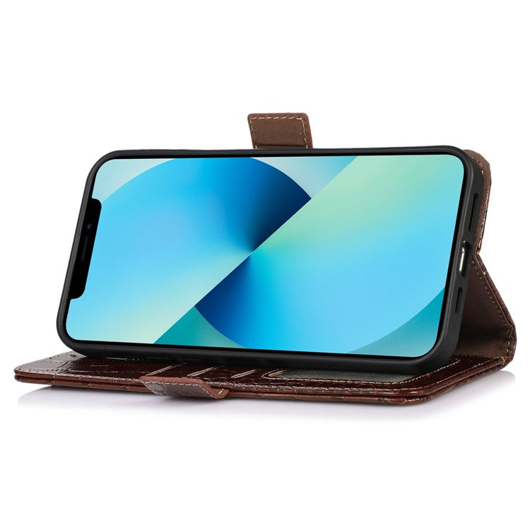 For Honor X40i 5G Anti-scratch Crocodile Texture Phone Case Genuine Cowhide Leather Wallet Stand RFID Blocking Folio Magnetic Closure Phone Cover - Brown