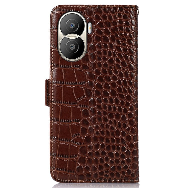 For Honor X40i 5G Anti-scratch Crocodile Texture Phone Case Genuine Cowhide Leather Wallet Stand RFID Blocking Folio Magnetic Closure Phone Cover - Brown