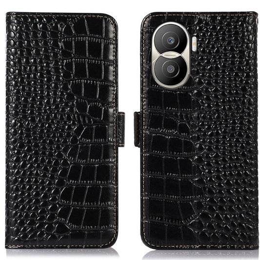 For Honor X40i 5G Anti-scratch Crocodile Texture Phone Case Genuine Cowhide Leather Wallet Stand RFID Blocking Folio Magnetic Closure Phone Cover - Black