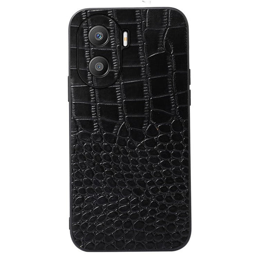 For Honor X40i 5G Shockproof Phone Case Crocodile Texture Genuine Cowhide Leather Coating Protective Phone Back Cover - Black