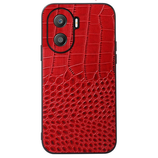 For Honor X40i 5G Shockproof Phone Case Crocodile Texture Genuine Cowhide Leather Coating Protective Phone Back Cover - Red
