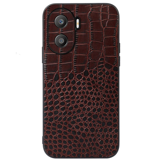 For Honor X40i 5G Shockproof Phone Case Crocodile Texture Genuine Cowhide Leather Coating Protective Phone Back Cover - Coffee