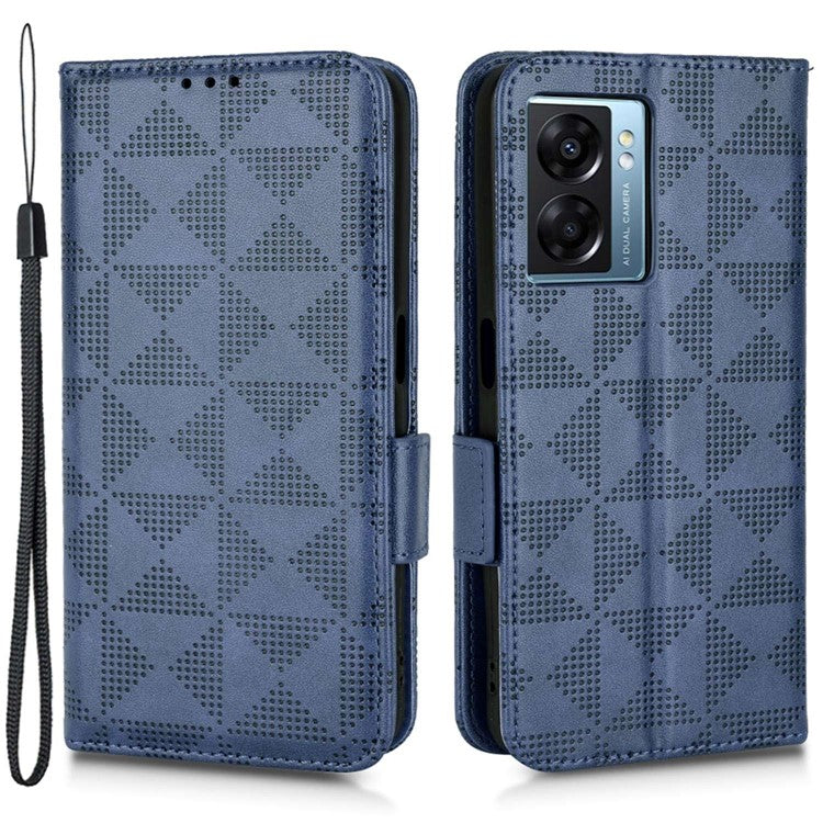 For Oppo A57 (2022) 5G / A77 5G / OnePlus Nord N300 5G / Realme Narzo 50 5G / V23 5G Anti-scratch Phone Case Triangle Pattern Imprinted Magnetic PU Leather Flip Wallet Cover Stand - Blue