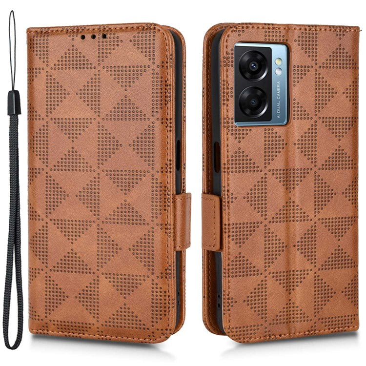 For Oppo A57 (2022) 5G / A77 5G / OnePlus Nord N300 5G / Realme Narzo 50 5G / V23 5G Anti-scratch Phone Case Triangle Pattern Imprinted Magnetic PU Leather Flip Wallet Cover Stand - Brown