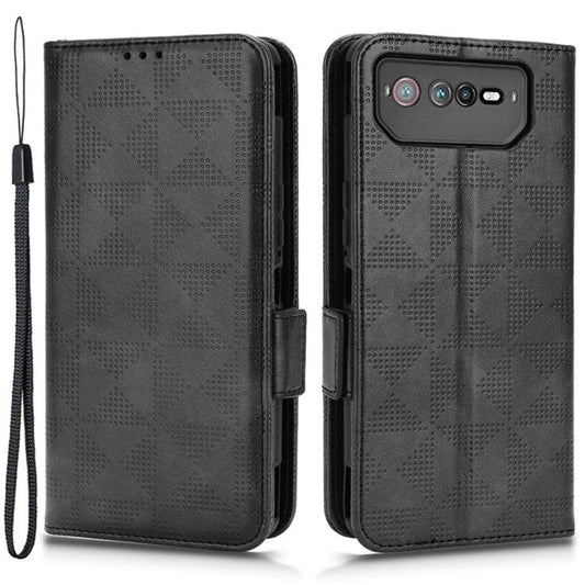 For Asus ROG Phone 6 5G Shockproof PU Leather Phone Case Triangle Pattern Imprinted Magnetic Flip Wallet Cover Stand with Strap - Black