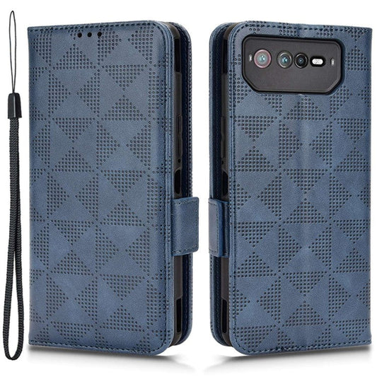 For Asus ROG Phone 6 5G Shockproof PU Leather Phone Case Triangle Pattern Imprinted Magnetic Flip Wallet Cover Stand with Strap - Blue
