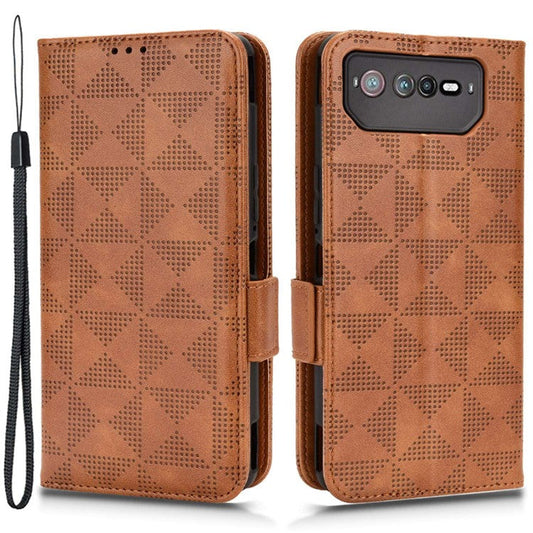 For Asus ROG Phone 6 5G Shockproof PU Leather Phone Case Triangle Pattern Imprinted Magnetic Flip Wallet Cover Stand with Strap - Brown
