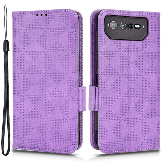 For Asus ROG Phone 6 5G Shockproof PU Leather Phone Case Triangle Pattern Imprinted Magnetic Flip Wallet Cover Stand with Strap - Purple