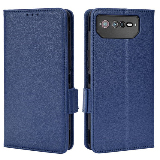 For Asus ROG Phone 6 5G / Phone 6 Pro 5G PU Leather Dual Magnetic Clasp Flip Cover Stand Feature Litchi Texture Wallet Purse Case - Dark Blue