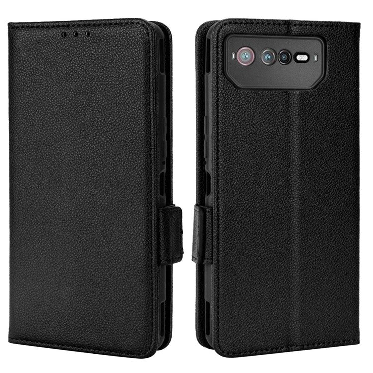 For Asus ROG Phone 6 5G / Phone 6 Pro 5G PU Leather Dual Magnetic Clasp Flip Cover Stand Feature Litchi Texture Wallet Purse Case - Black