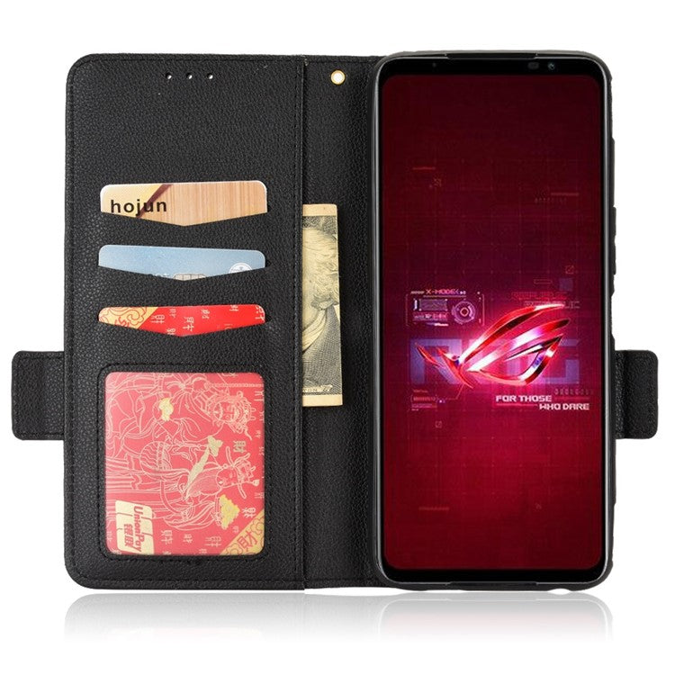 For Asus ROG Phone 6 5G / Phone 6 Pro 5G PU Leather Dual Magnetic Clasp Flip Cover Stand Feature Litchi Texture Wallet Purse Case - Black