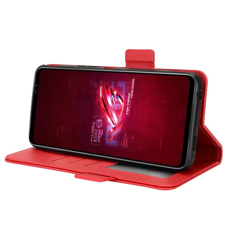 For Asus ROG Phone 6 5G / Phone 6 Pro 5G PU Leather Dual Magnetic Clasp Flip Cover Stand Feature Litchi Texture Wallet Purse Case - Red