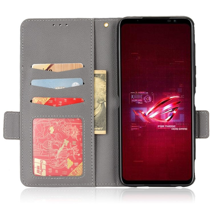 For Asus ROG Phone 6 5G / Phone 6 Pro 5G PU Leather Dual Magnetic Clasp Flip Cover Stand Feature Litchi Texture Wallet Purse Case - Grey
