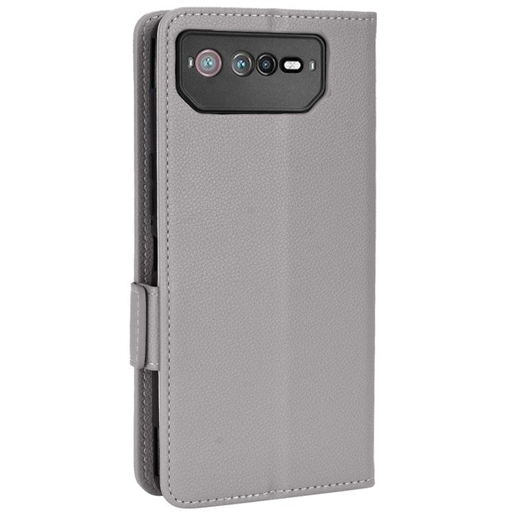 For Asus ROG Phone 6 5G / Phone 6 Pro 5G PU Leather Dual Magnetic Clasp Flip Cover Stand Feature Litchi Texture Wallet Purse Case - Grey