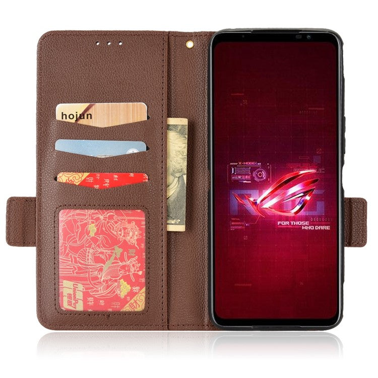 For Asus ROG Phone 6 5G / Phone 6 Pro 5G PU Leather Dual Magnetic Clasp Flip Cover Stand Feature Litchi Texture Wallet Purse Case - Brown
