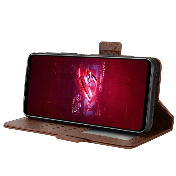 For Asus ROG Phone 6 5G / Phone 6 Pro 5G PU Leather Dual Magnetic Clasp Flip Cover Stand Feature Litchi Texture Wallet Purse Case - Brown