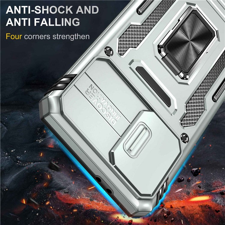 For Samsung Galaxy S21 4G / S21 5G Anti-Drop Phone Case PC + TPU Ring Kickstand Cell Phone Shell with Slide Camera Cover - Grey