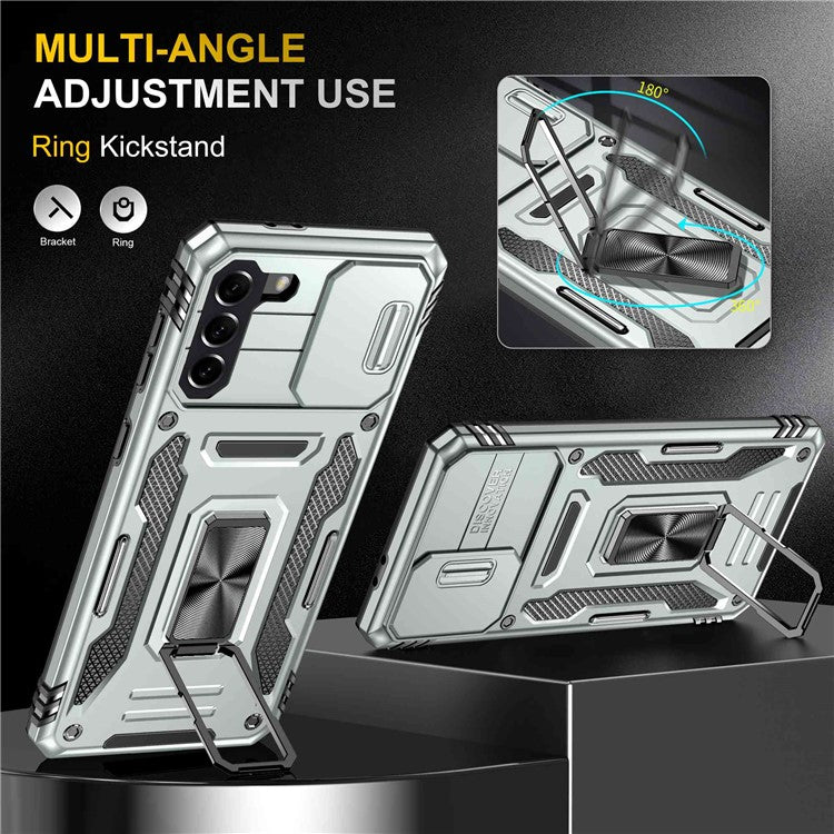 For Samsung Galaxy S21 4G / S21 5G Anti-Drop Phone Case PC + TPU Ring Kickstand Cell Phone Shell with Slide Camera Cover - Grey