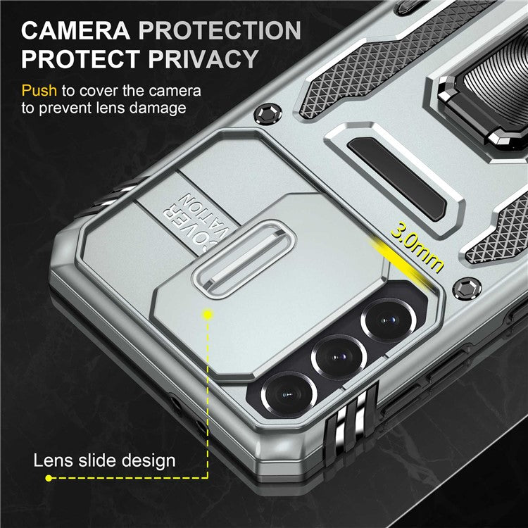 For Samsung Galaxy S21 4G / S21 5G Anti-Drop Phone Case PC + TPU Ring Kickstand Cell Phone Shell with Slide Camera Cover - Grey