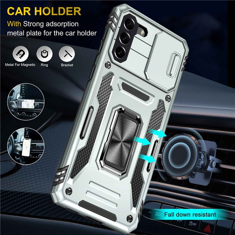 For Samsung Galaxy S21 4G / S21 5G Anti-Drop Phone Case PC + TPU Ring Kickstand Cell Phone Shell with Slide Camera Cover - Grey