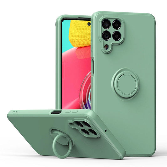 For Samsung Galaxy M53 5G Finger Ring Kickstand Design Anti-scratch Cover Liquid Silicone Cell Phone Protective Case - Mint Green