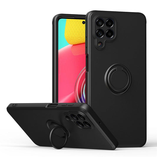 For Samsung Galaxy M53 5G Finger Ring Kickstand Design Anti-scratch Cover Liquid Silicone Cell Phone Protective Case - Black